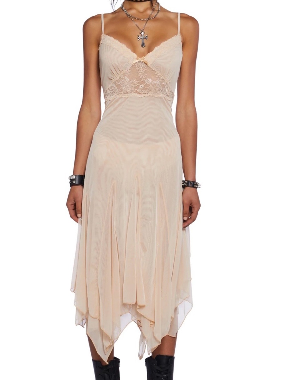 Current Mood Cream Lace-Trim Handkerchief Hem Slip Dress